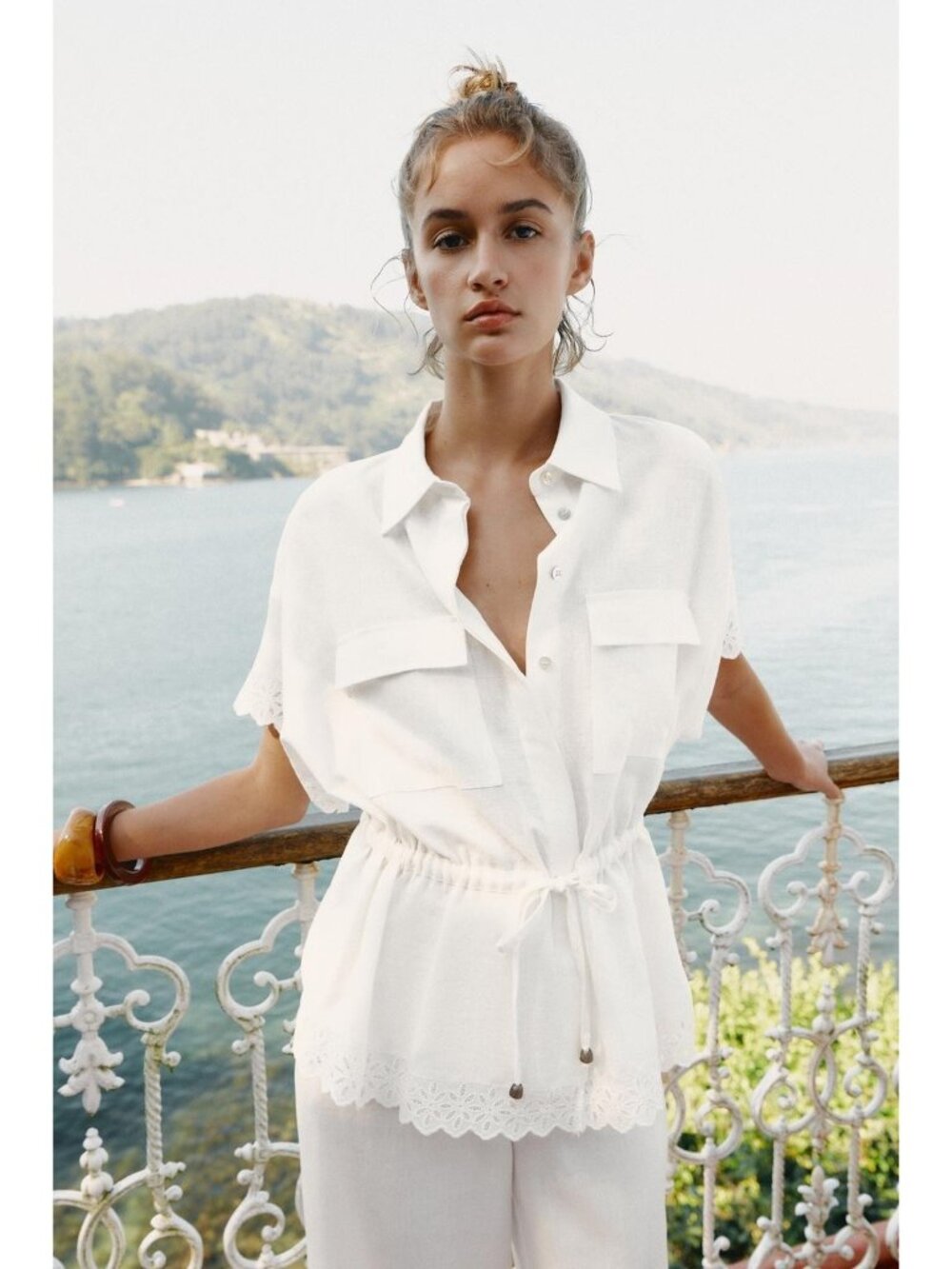 Zara Womens Blouse shirt Top Size S White Drawstring Button Up 8110/393 NWT